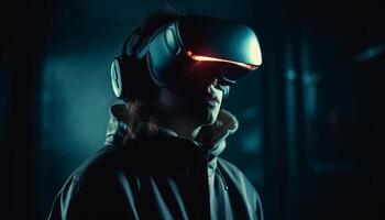 uno hombre jugando futurista vídeo juego con inteligente lentes en generado por ai foto