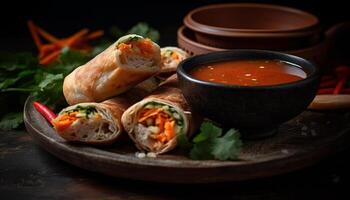 Fresh spring roll appetizer with meat and vegetables on plate generated by AI photo