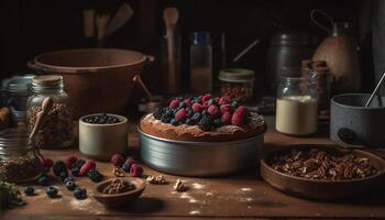 Freshly baked blueberry and raspberry oatmeal cookie indulgence on wood generated by AI photo