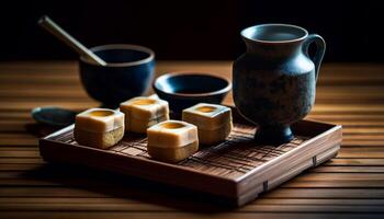 Earthenware pottery set with tea and rice for traditional meal generated by AI photo
