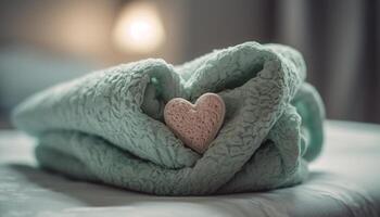 Cozy wool pillow with heart shape, perfect for winter romance generated by AI photo