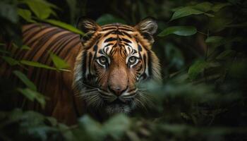 Bengal tiger staring, close up portrait of a majestic big cat generated by AI photo