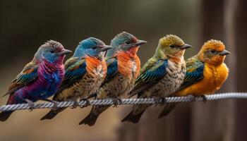 Small group of vibrant colored bee eaters perching on branch generated by AI photo