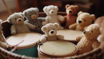 Soft, fluffy teddy bear sitting in homemade basket, playful childhood generated by AI photo