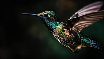 colibrí flotando, iridiscente plumas, polinizando vibrante flores en tropical selva generado por ai foto