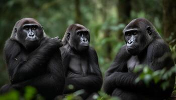 en peligro de extinción primate sentado en africano selva, curioso a cámara generado por ai foto