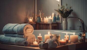 Luxury candlelight spa treatment relaxation, pampering, and aromatherapy generated by AI photo