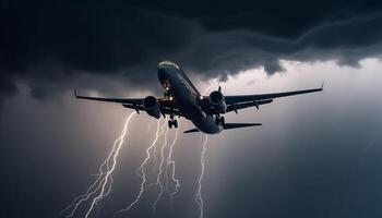 Flying commercial airplane taking off mid air, moving down towards cargo container generated by AI photo