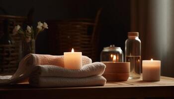 Scented candle burning in a bowl, creating a tranquil scene generated by AI photo