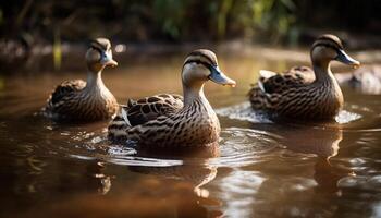 Mallard duck family quacking near pond in beautiful autumn scenery generated by AI photo