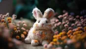 mullido bebé Conejo sentado en verde prado, celebrando primavera belleza generado por ai foto