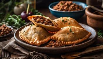 Rustic meat pie on wooden plate with fresh vegetable garnish generated by AI photo