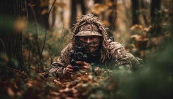 Caucasian sniper aiming rifle in autumn forest for military surveillance generated by AI photo