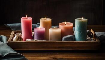 Rustic candlelight brings warmth to tranquil winter spa treatment generated by AI photo