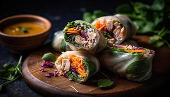 Fresh gourmet meal beef and vegetable spring roll with guacamole generated by AI photo