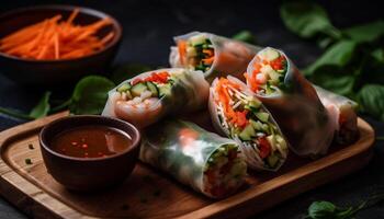 Fresh gourmet meal Vietnamese spring rolls with homemade spicy sauce generated by AI photo