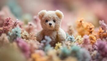 Cute animal toy surrounded by nature beauty and softness generated by AI photo