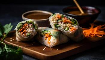 Fresh spring roll with pork, vegetables, and cilantro sauce generated by AI photo
