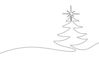 Christmas tree isolated on white background. One line continuous spruce, fir tree. Line art outline vector illustration.