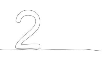 Number 2. One line continuous number two isolated on white background. Line art, outline, vector illustration.