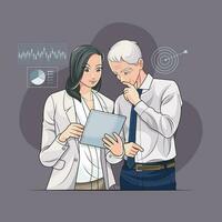 Two Professional coworkers explaining digital analyst using digital tablet vector illustration free download