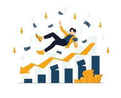 Bankruptcy, Financial crisis, business failure, economy crash, downward arrow. Depressed Businessman holding cash in hand falling from the sky, upset and panicked thinking over concept illustration vector