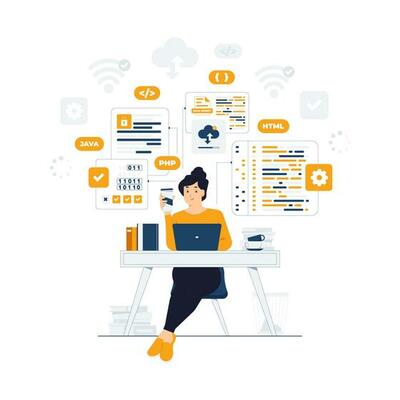 Programmer, Developer, software development, engineer with laptop sitting at the office desk  while coding and developing programming language PHP, HTML, CSS, Js concept illustration