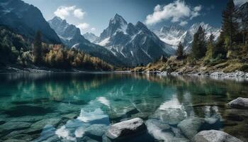 Majestic mountain range reflects in tranquil pond, an idyllic scene generated by AI photo