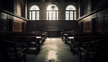 Vanishing point of ancient chapel aisle, a seat for learning generated by AI photo