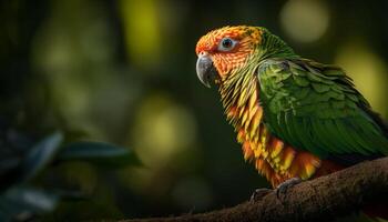 Vibrant scarlet macaw perching on branch in tropical rainforest generated by AI photo