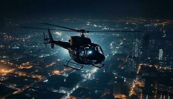 Flying air vehicles illuminate city skyline in high angle view generated by AI photo