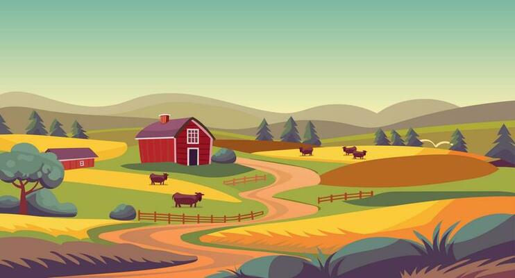 Rural landscape illustration for background. Farmhouse and barns, cows grazing through the fields.