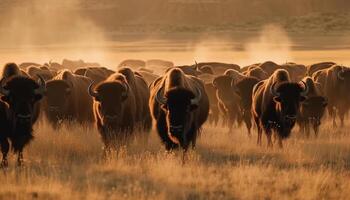 Large herd of domestic cattle grazing in tranquil meadow generated by AI photo