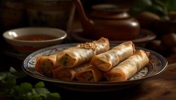 Fresh spring rolls, dim sum, and savory dumplings on plate generated by AI photo