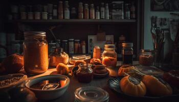 rústico otoño todavía vida calabaza, frasco, y linterna en mesa generado por ai foto