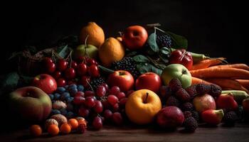 Autumn harvest a basket of multi colored fruit and vegetables generated by AI photo