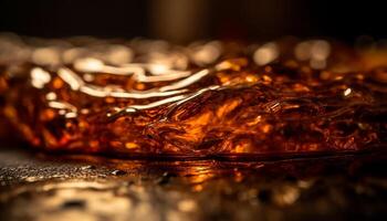 Golden whiskey drop on ice in glass, refreshing drink establishment generated by AI photo