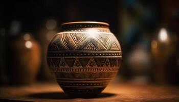 Antique earthenware vase illuminates rustic table in indigenous celebration generated by AI photo