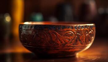 Rustic earthenware mug on ornate wooden table, Chinese cultural decoration generated by AI photo