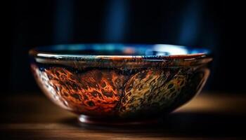 Wooden table with pottery bowl of yellow liquid on fire generated by AI photo