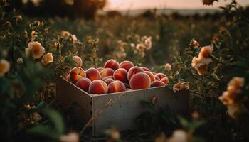 Fresh homegrown produce, ripe for healthy eating in rustic container generated by AI photo