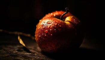 Juicy apple slice on wet wood, reflecting vibrant nature freshness generated by AI photo