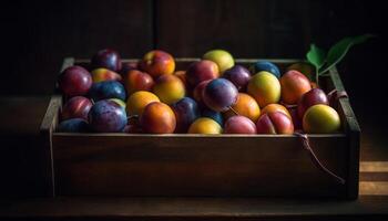 Rustic table decoration with organic fruit basket, symbolizing abundance and freshness generated by AI photo