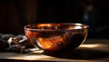 Rustic pottery plate on wooden table with selective focus generated by AI photo