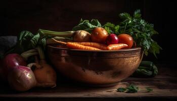 Fresh organic vegetables on rustic wooden table for healthy eating generated by AI photo