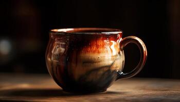 Rustic coffee mug on wooden table, steam rising, no people generated by AI photo