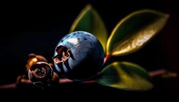 Ripe blueberry, a healthy snack, on a wet leaf foreground generated by AI photo