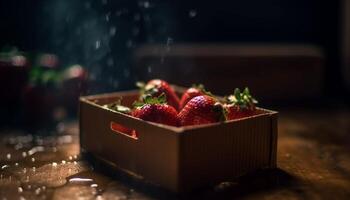 Ripe berry dessert on rustic table, a sweet summer snack generated by AI photo