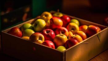 orgánico manzana caja, maduro y jugoso, un vistoso cosecha colección generado por ai foto