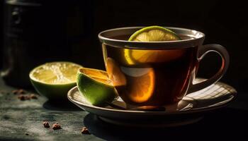 Fresh citrus slice on wooden table with ice and drinking glass generated by AI photo